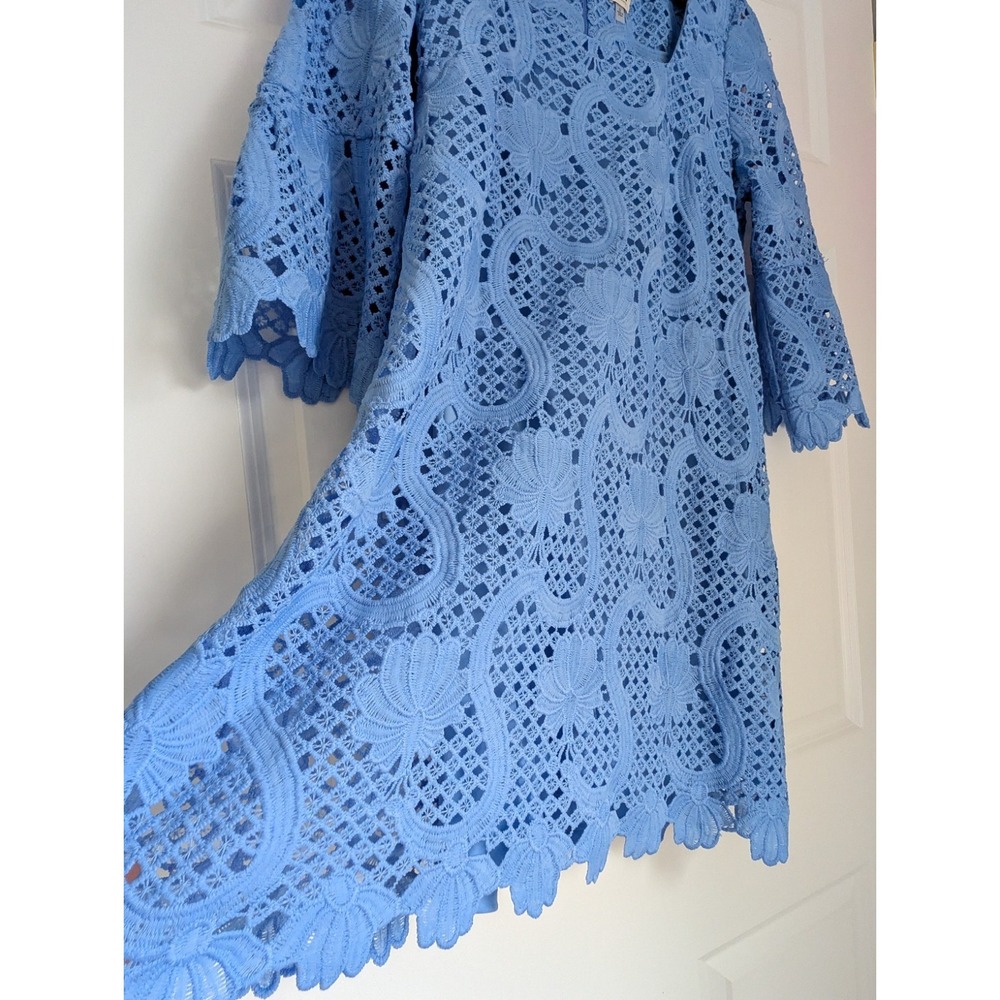 Anne Klein Sz 6 Floral Guipure Lace Three-quarter Bell Sleeve Shift Blue Dress